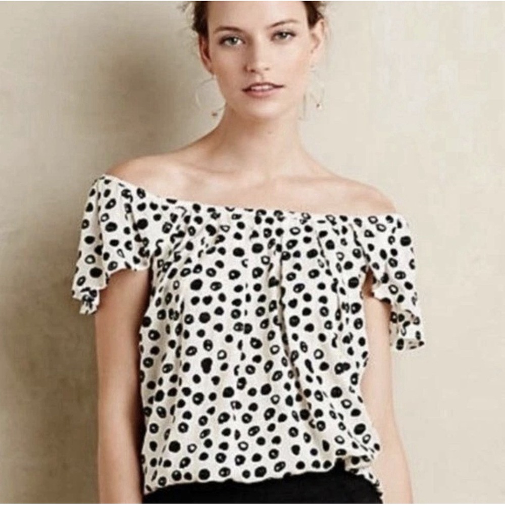 Maeve Blouse Women Large White Black Excellent Polka Dot Off Shoulder